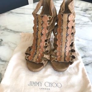 Jimmy Choo Heels Neutral Strappy Gladiator Caged Sandals 37.5/ 7.5
